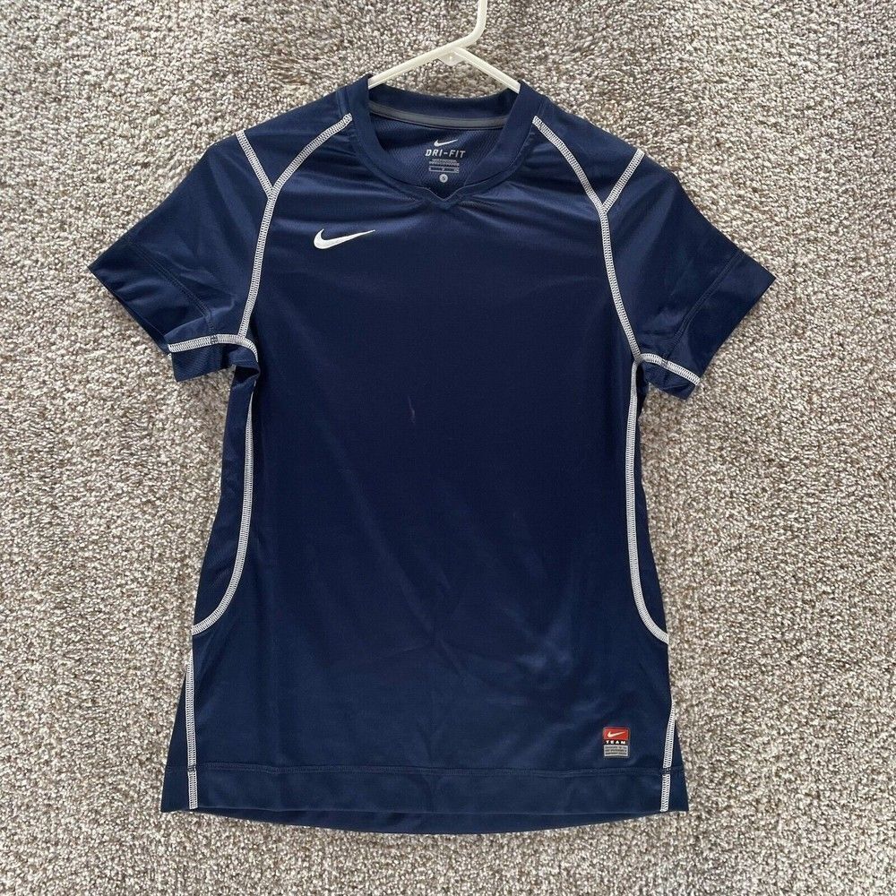 Nike Shirt Womens Small Blue V Neck Athleisure Running Gym Logo Dri‎ Fit Logo